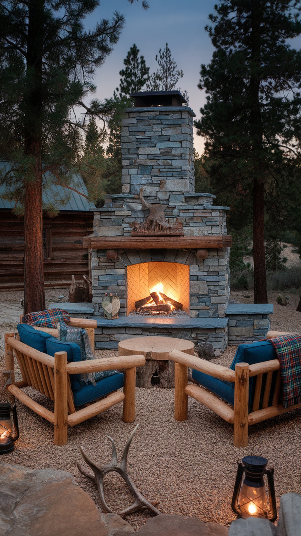 Outdoor fireplace surrounded by wooden seating and natural elements.