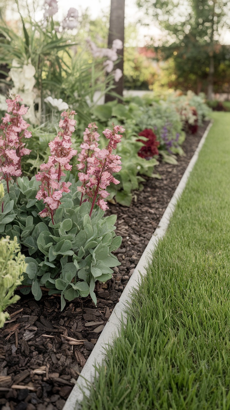 A lush garden bordered by a mulched trench, featuring pink flowers and vibrant greenery.