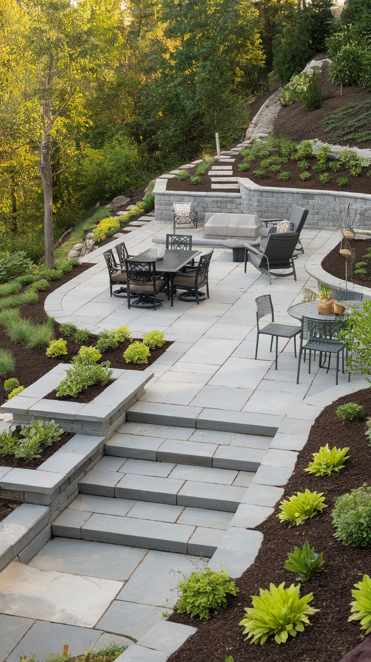 A multi-level patio with steps and garden in a sloped yard.