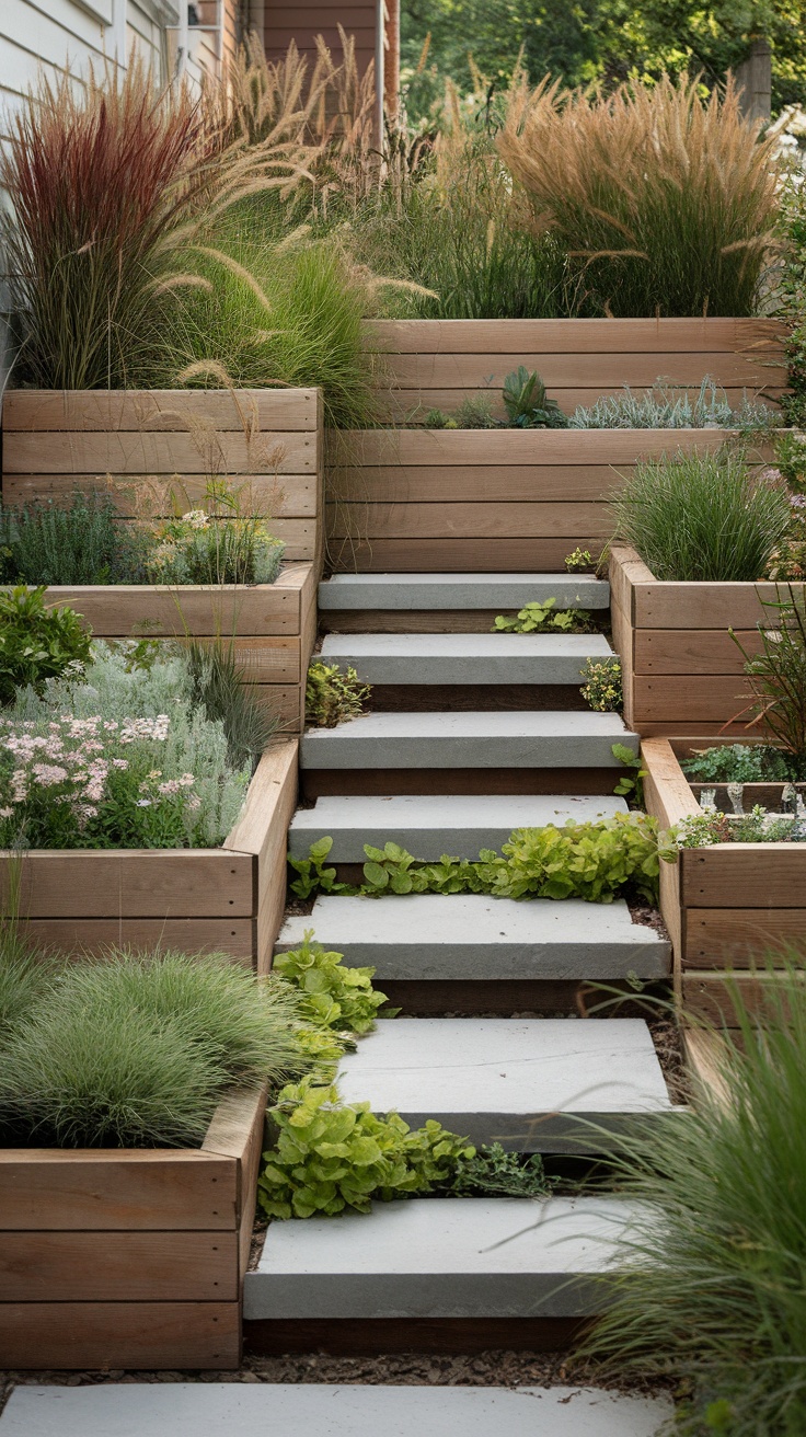 A multi-level side yard garden featuring wooden planters, stone steps, and various plants