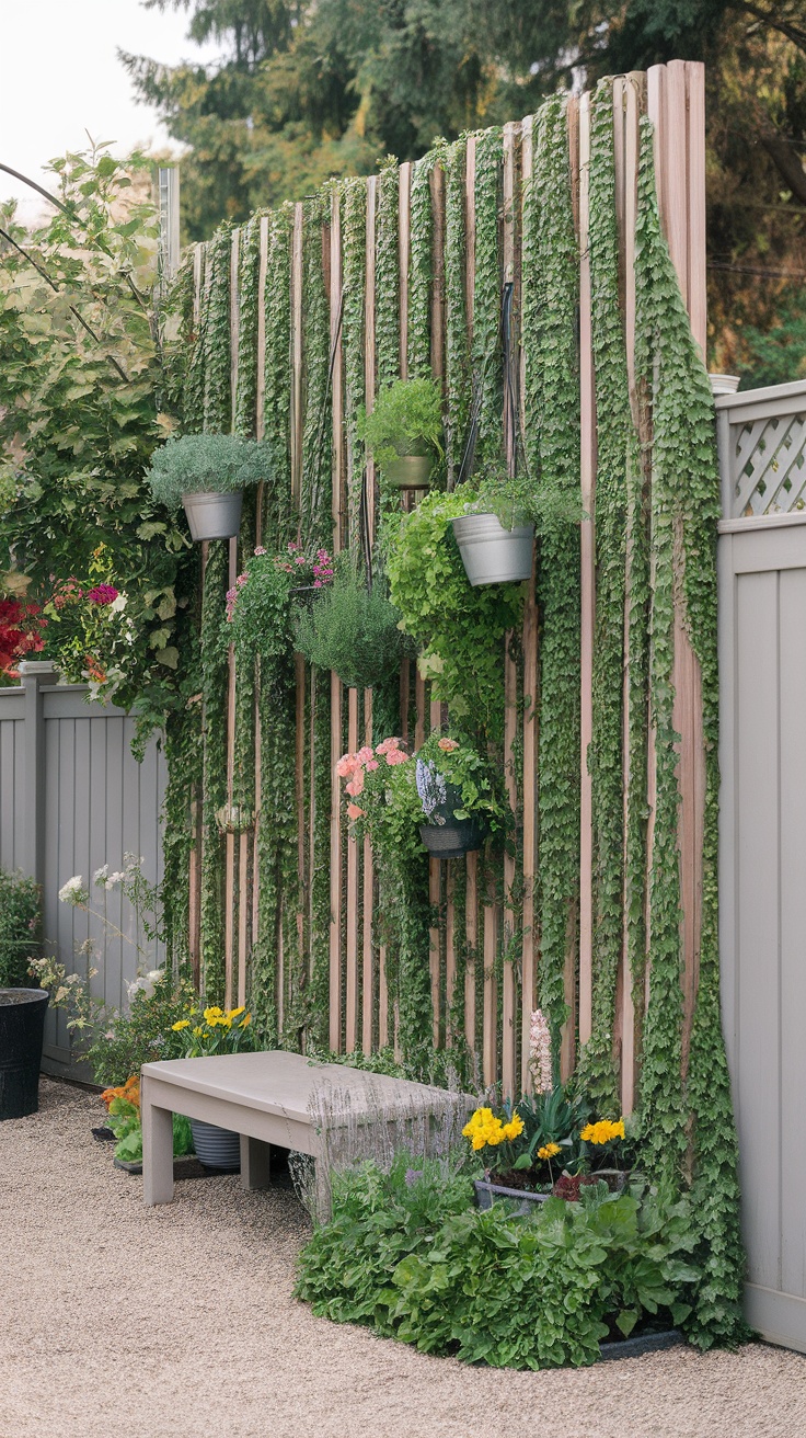 A narrow vertical garden wall with climbing plants and hanging pots in a side yard.