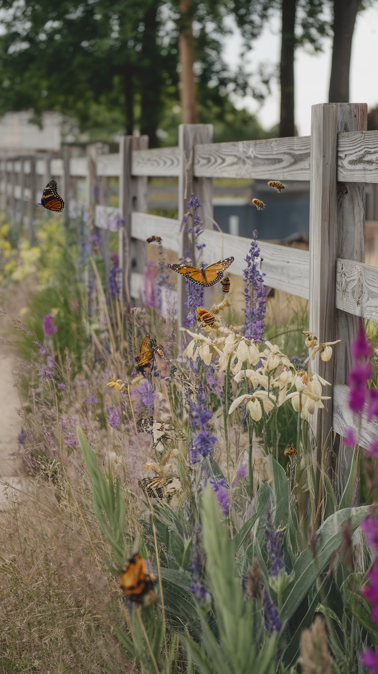 A garden with colorful native flowers attracting butterflies and bees.