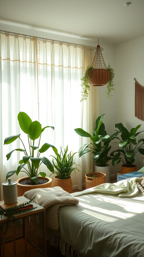 A bright boho bedroom with sage green accents and sheer curtains allowing natural light to filter in, surrounded by various indoor plants.