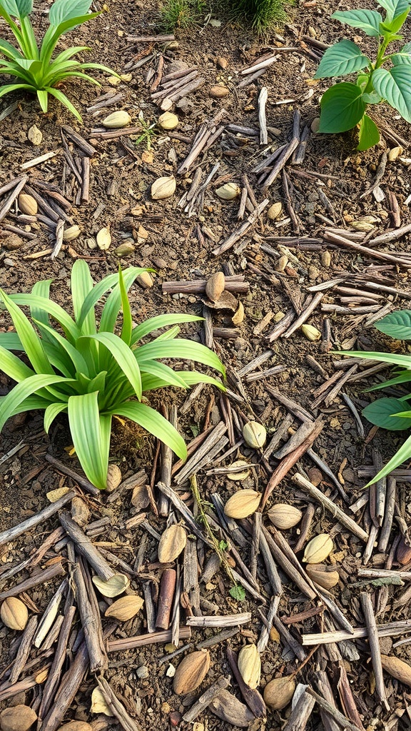 A garden bed featuring green plants surrounded by natural mulch made of sticks and nut shells.