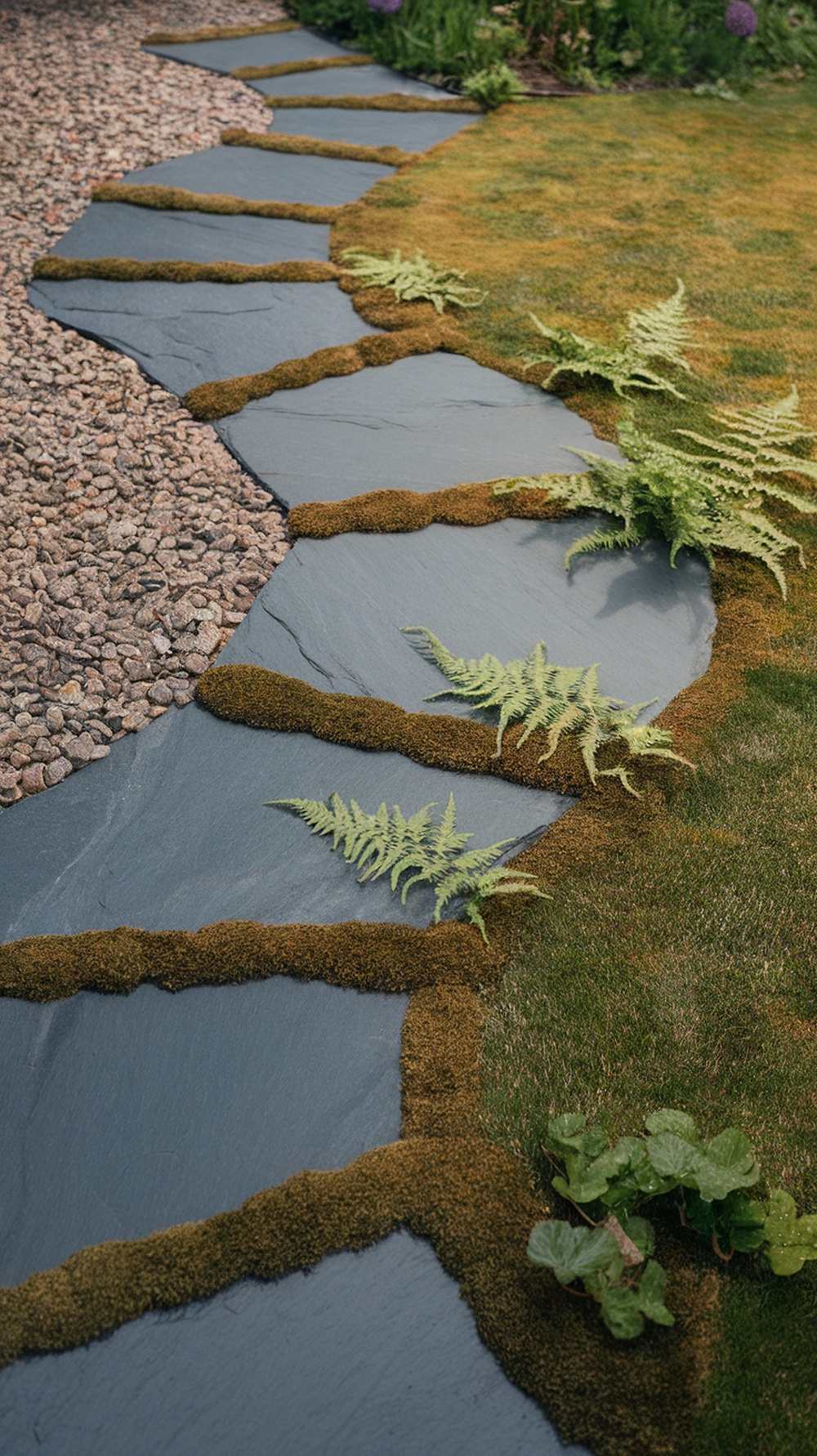 A garden pathway made of natural slate stones bordered by moss and ferns.