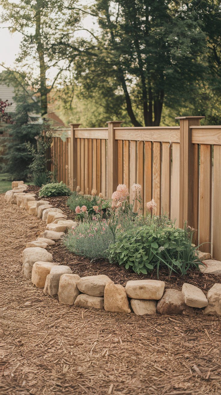 A garden with natural stone borders and flowers.