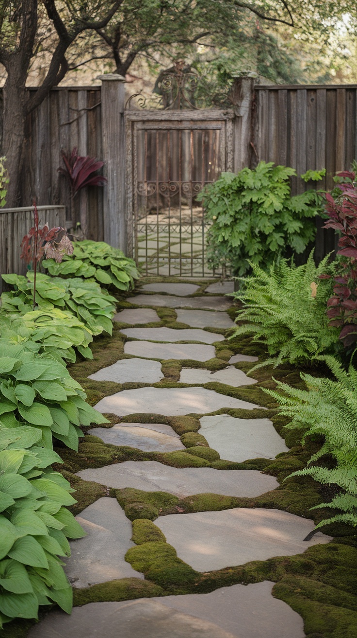 A natural stone path lined with ferns, leading to a decorative gate.