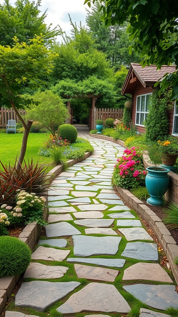 A beautiful natural stone pathway winding through a cottage garden filled with flowers and greenery.