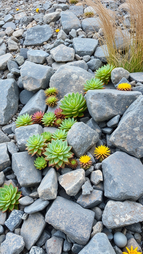 A naturalistic rock garden featuring various stones and colorful succulents.