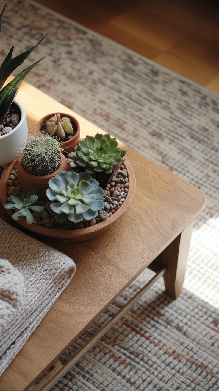 A cozy coffee table styled with various succulents in terracotta pots, pebbles, and a soft throw blanket.