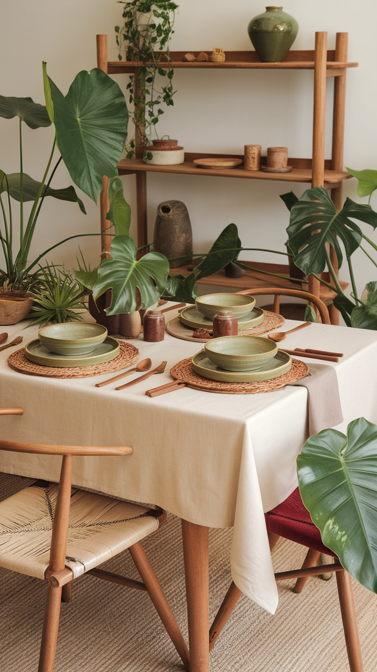 A nature-inspired table setting with earthy tones, wooden plates, and plants.