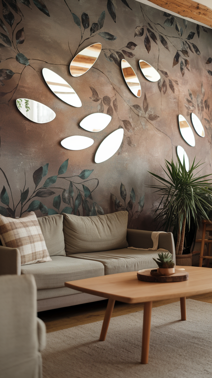 A cozy living room with a nature-inspired mirror arrangement on the wall.