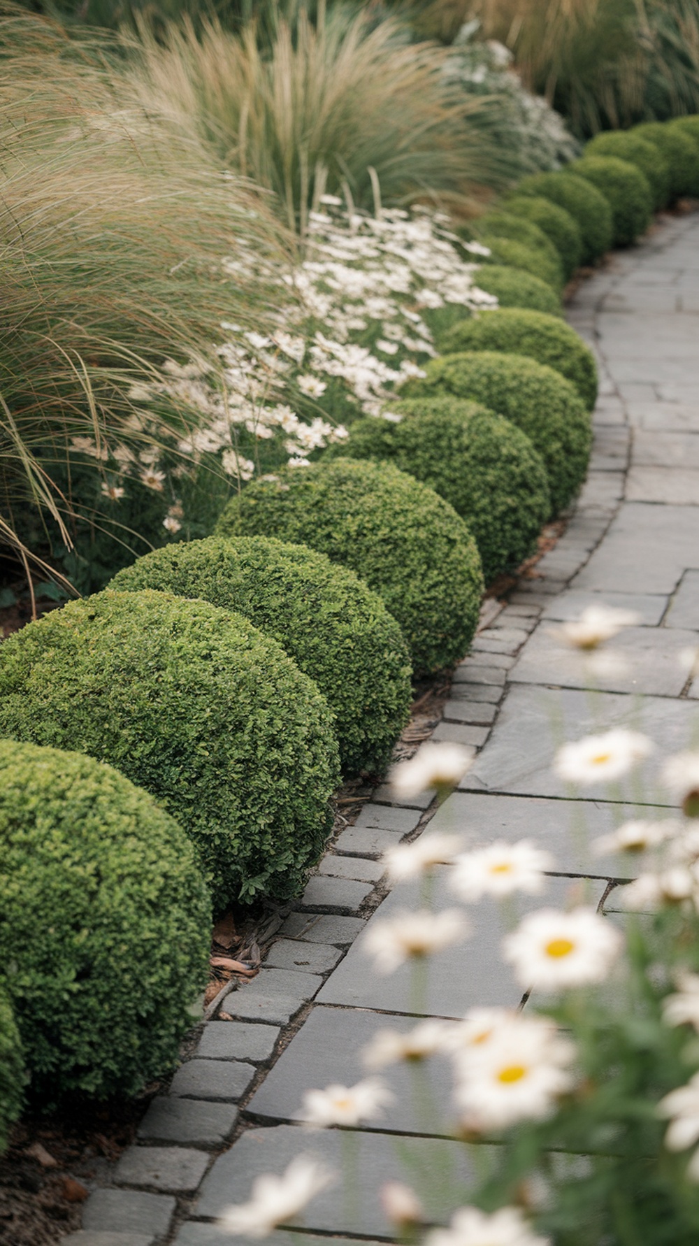 A pathway lined with neatly trimmed boxwood bushes and white flowers in the foreground.
