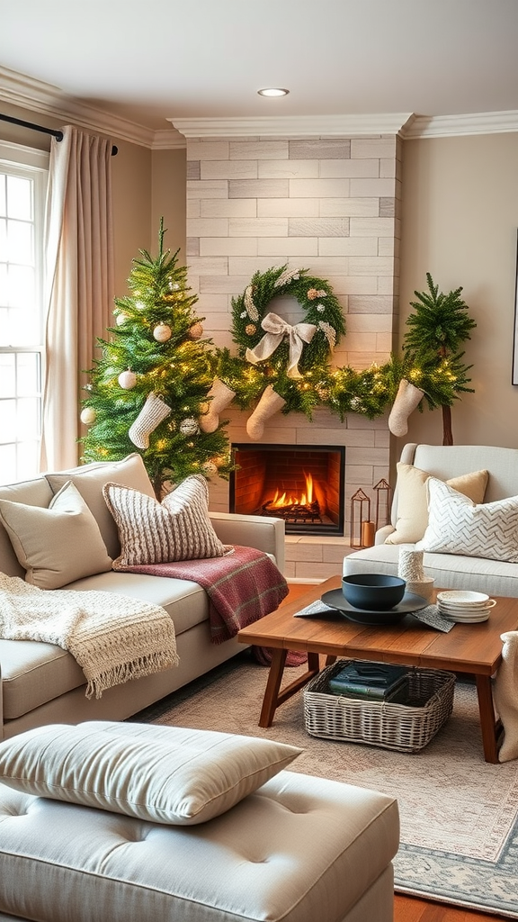 A cozy living room decorated for the holidays with a neutral color palette, featuring a fireplace, Christmas trees, and comfortable seating.