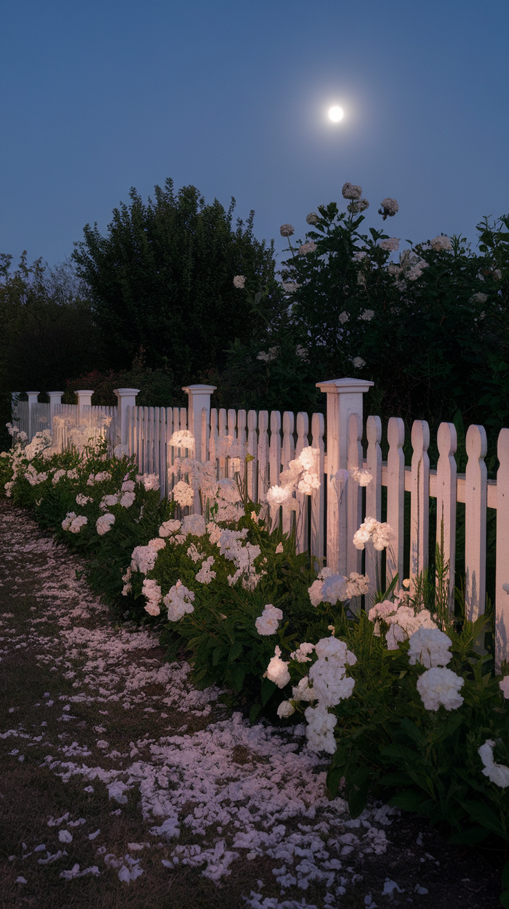 A white picket fence lined with blooming white flowers under a bright moonlit sky.