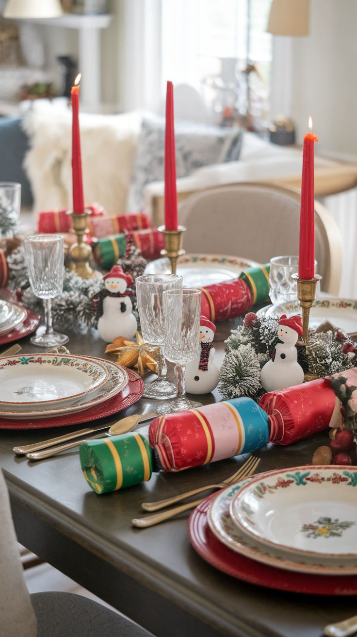 A beautifully decorated table for Christmas featuring old-fashioned crackers, red candles, and snowman decorations.