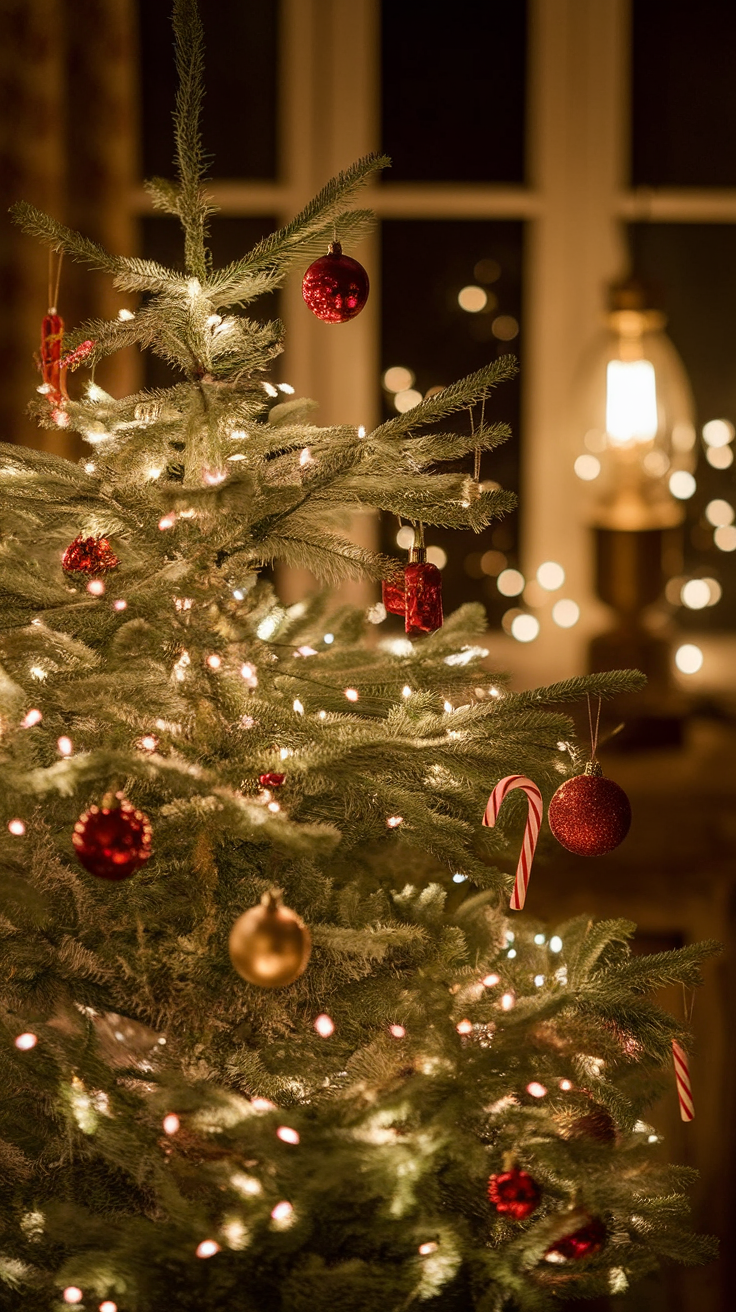 A decorated Christmas tree with warm lights and ornaments, creating a cozy holiday atmosphere.