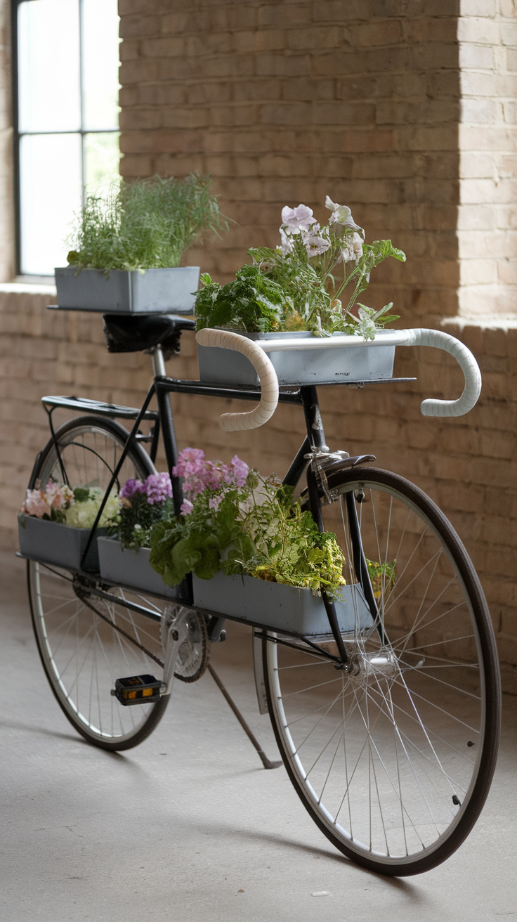 An old bicycle converted into a flower shelf with various plants and herbs