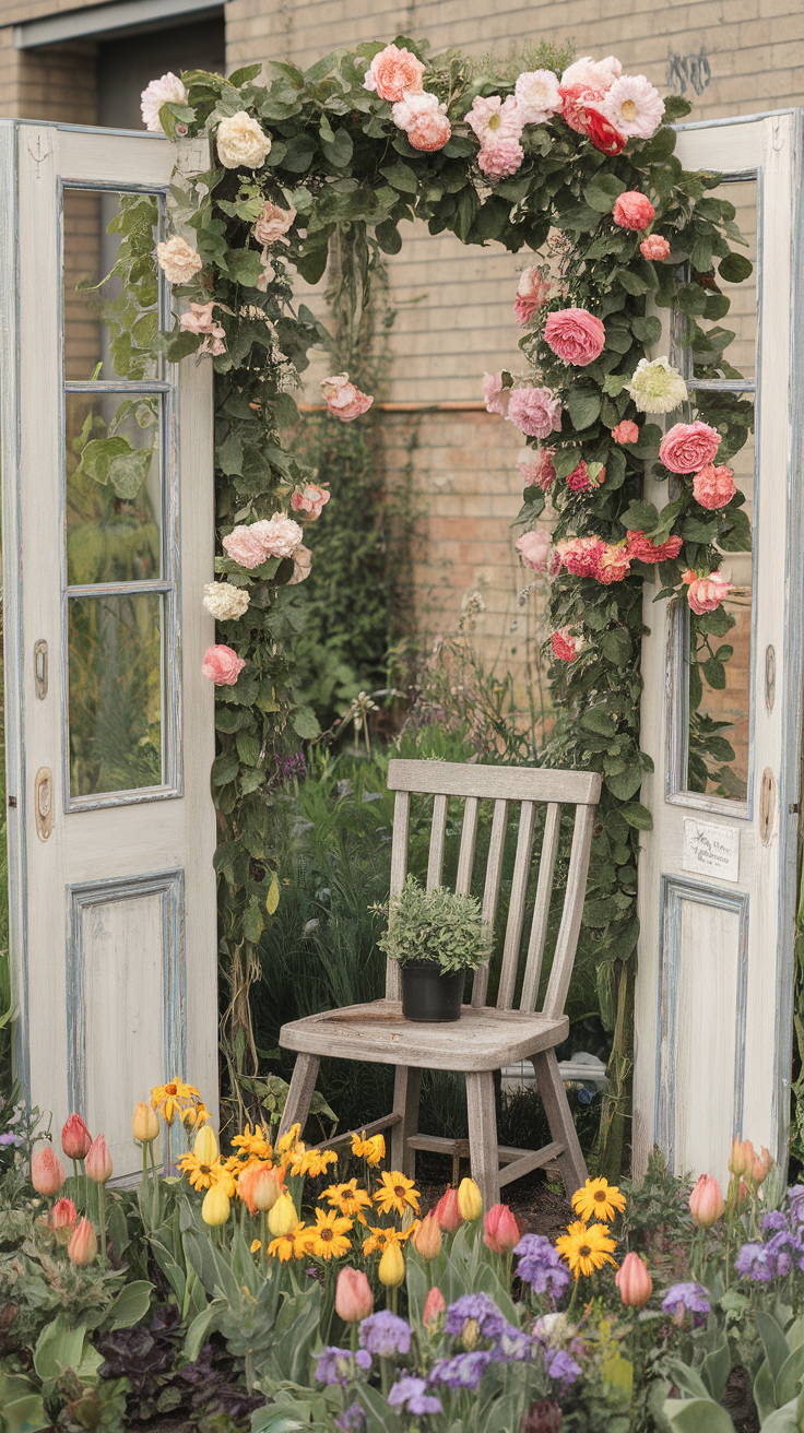 A rustic old door frame adorned with flowers, framing a wooden chair with a small potted plant.