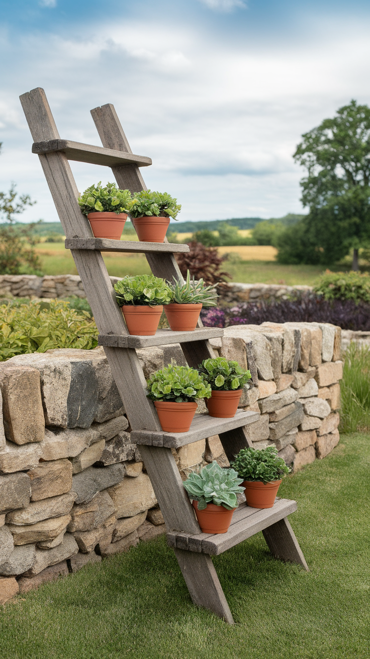 Vertical garden made from an old wooden ladder with potted plants