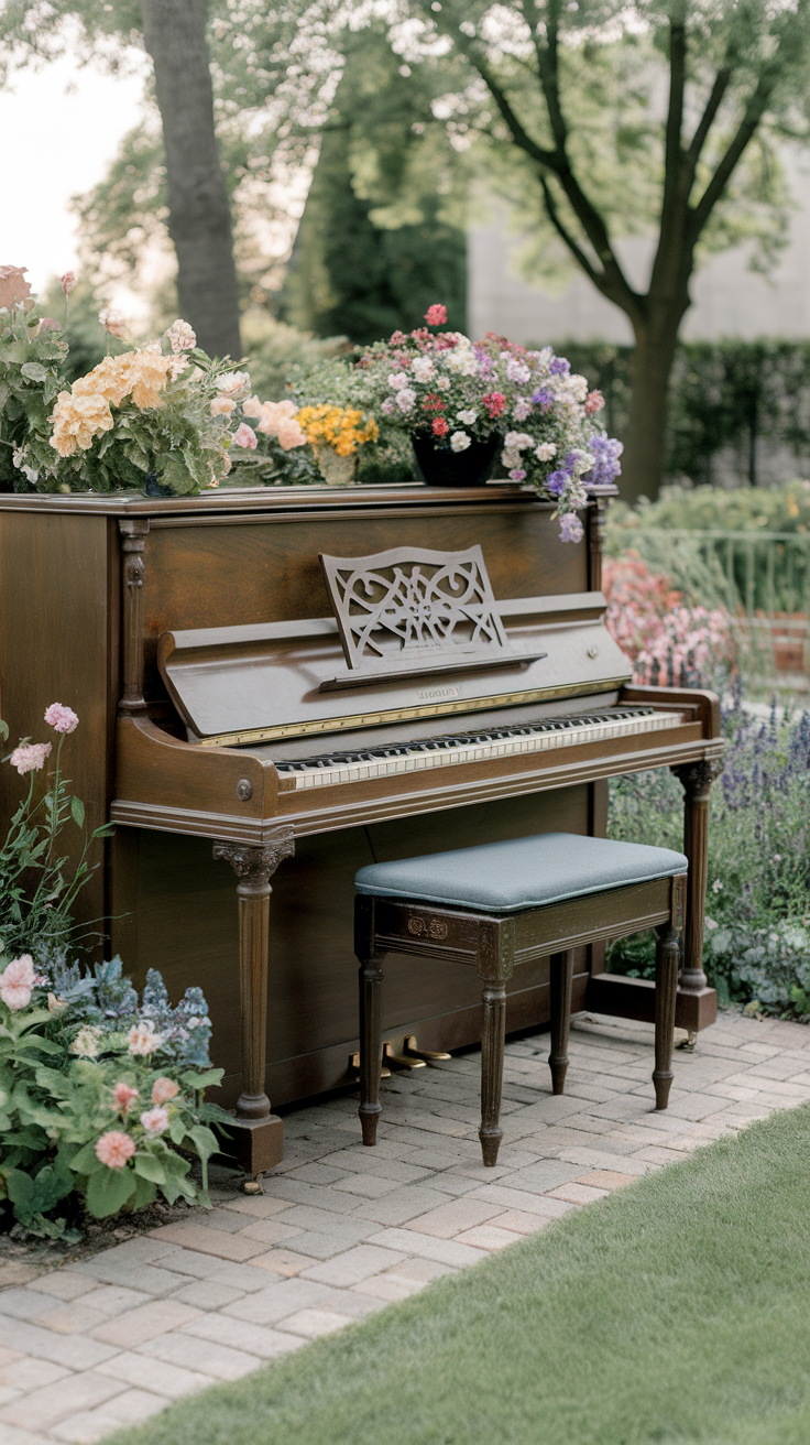 An old piano transformed into a garden bench, adorned with colorful flowers.