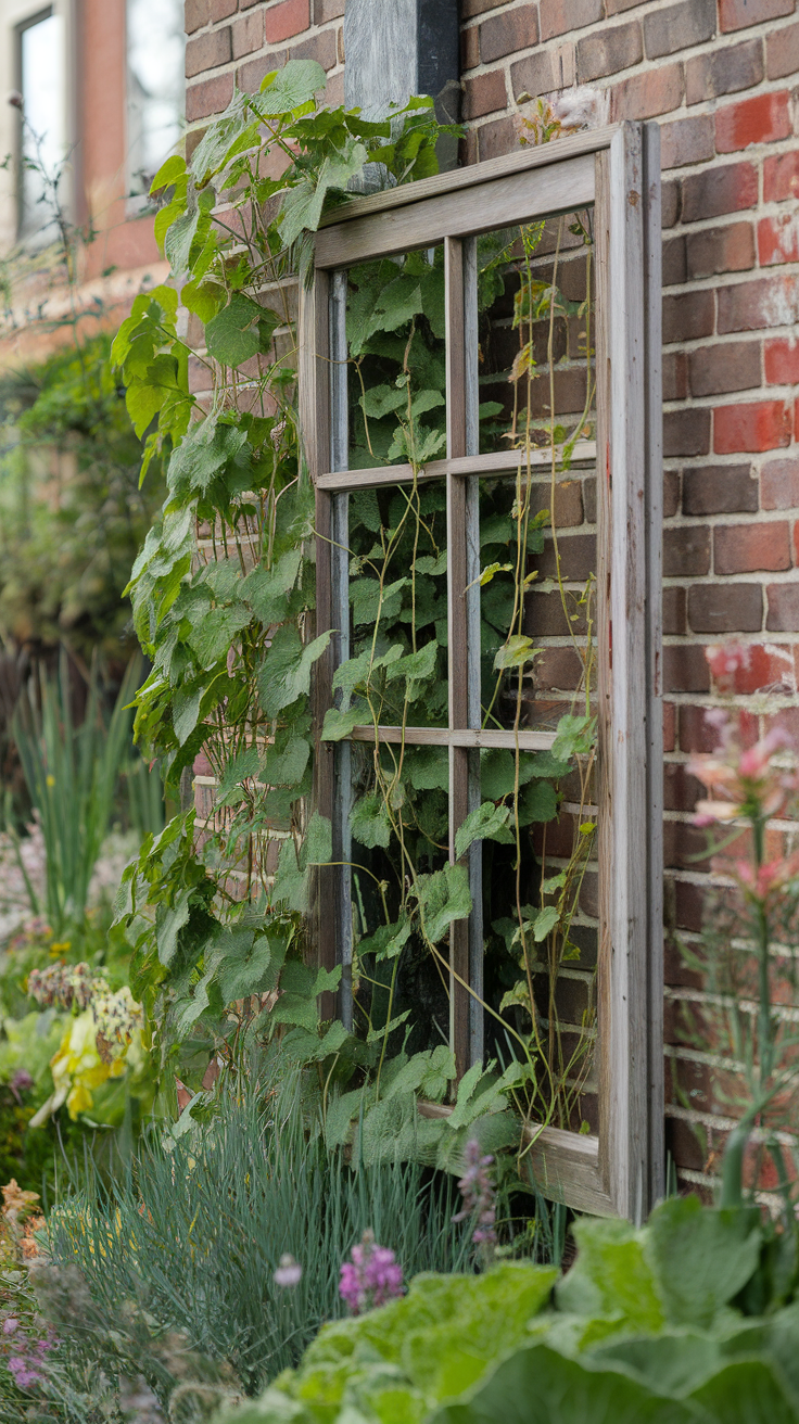 An old window frame trellis covered in climbing plants near a brick wall.