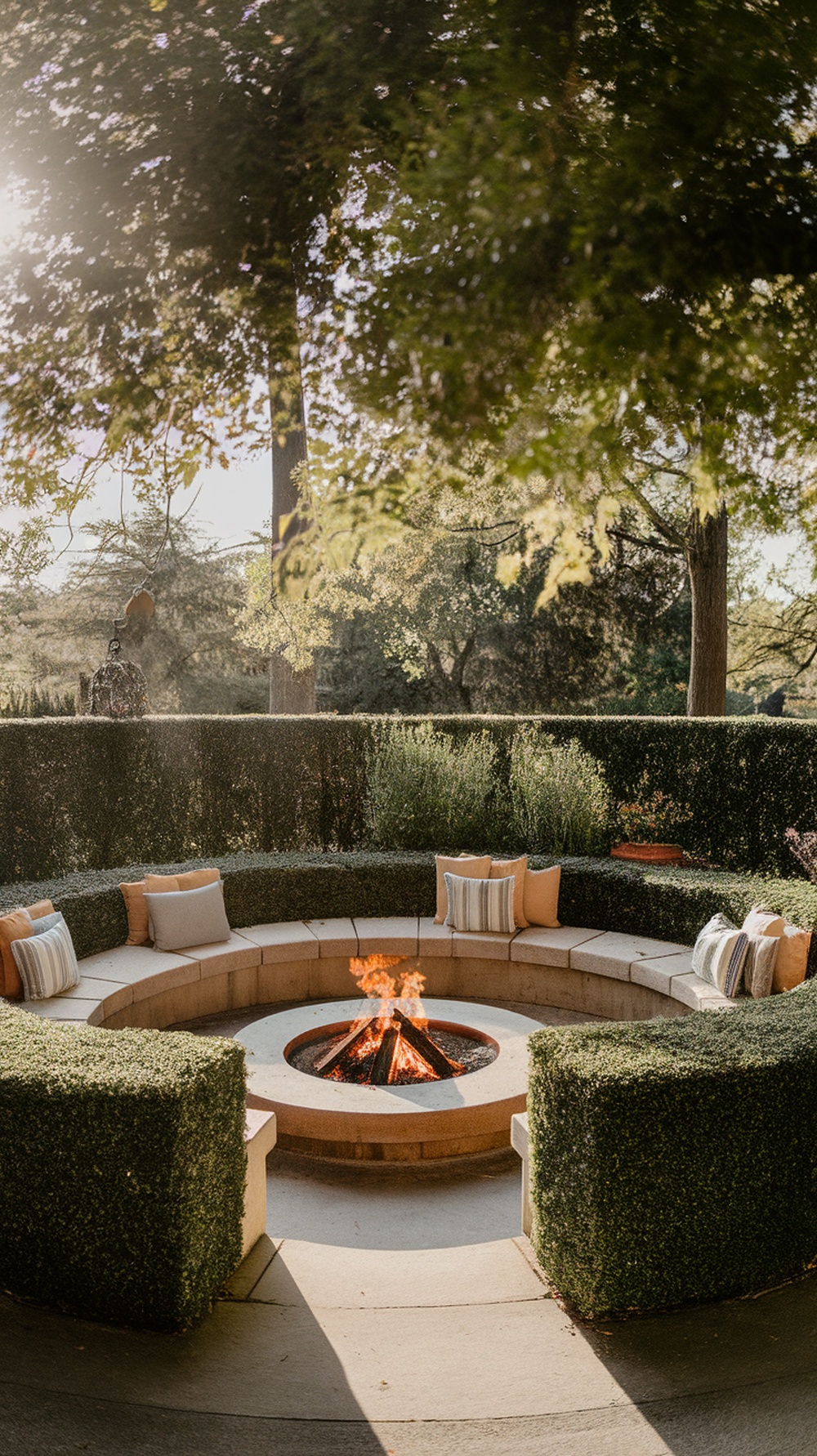 A circular open-air fireplace surrounded by stone seating and lush greenery
