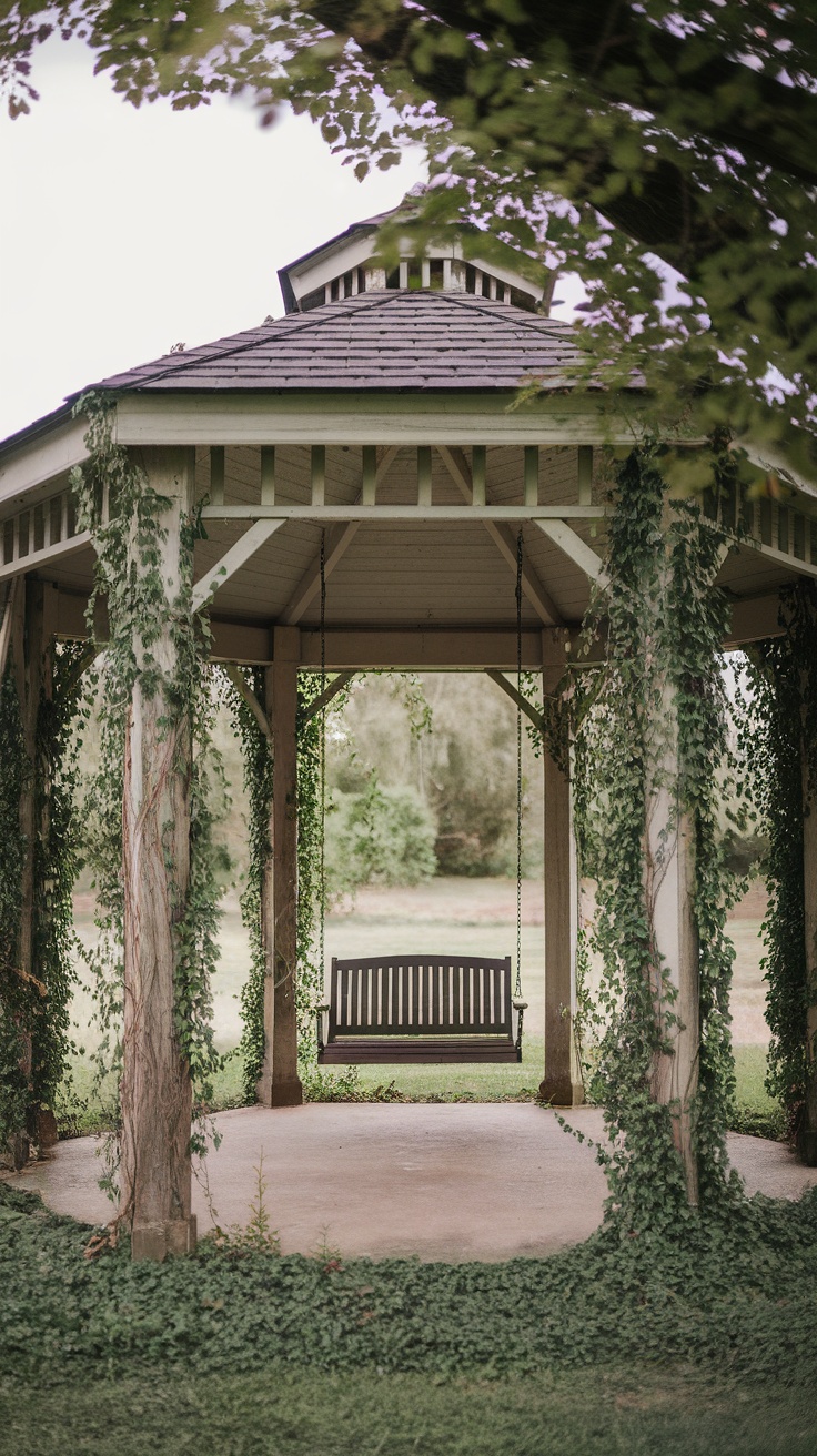 An open frame pergola style gazebo with a swing surrounded by greenery.