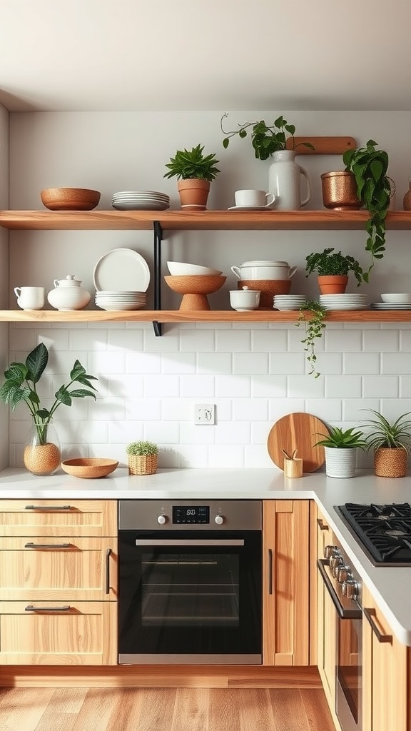 A modern kitchen with open shelving made of natural wood, displaying plates, bowls, and plants.