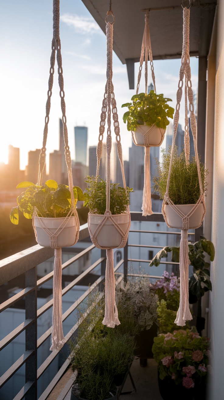 Macrame plant hangers displaying various herbs and plants on a balcony with a city skyline in the background during sunset.