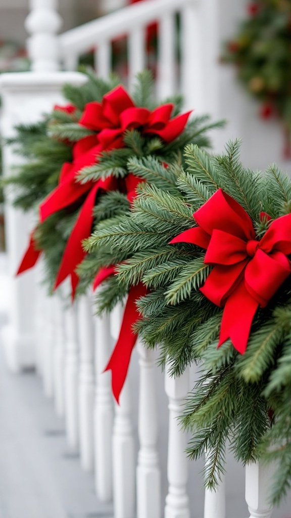 A close-up of outdoor garlands made of pine and red bows adorning a white railing.