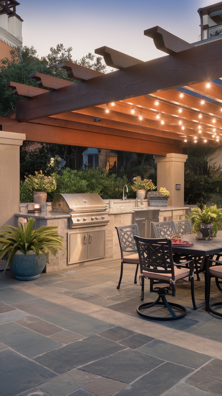 Outdoor kitchen and dining patio with grill and table