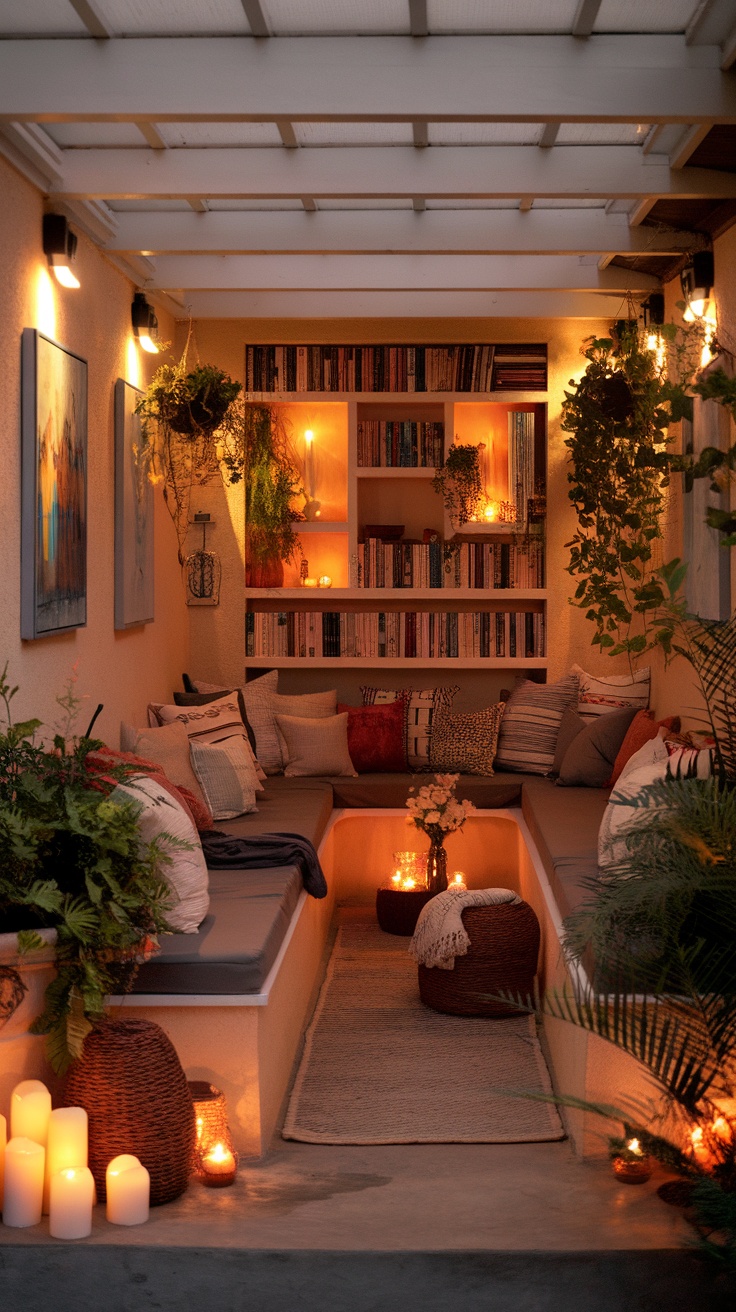 Cozy outdoor patio with a library setup, featuring comfortable seating, bookshelves, plants, and ambient lighting.