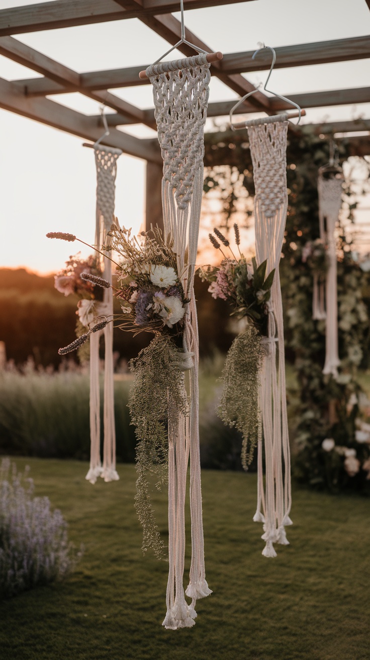 Macrame plant hangers with wildflowers hanging from a wooden pergola during sunset.