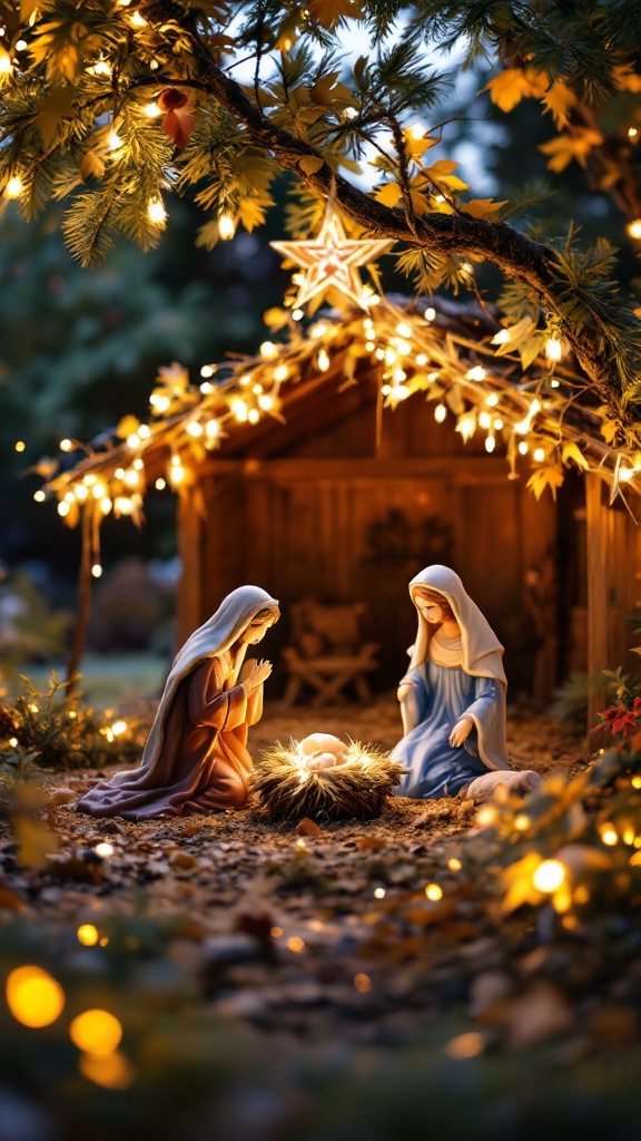 Outdoor nativity scene with illuminated figures and a cozy atmosphere.