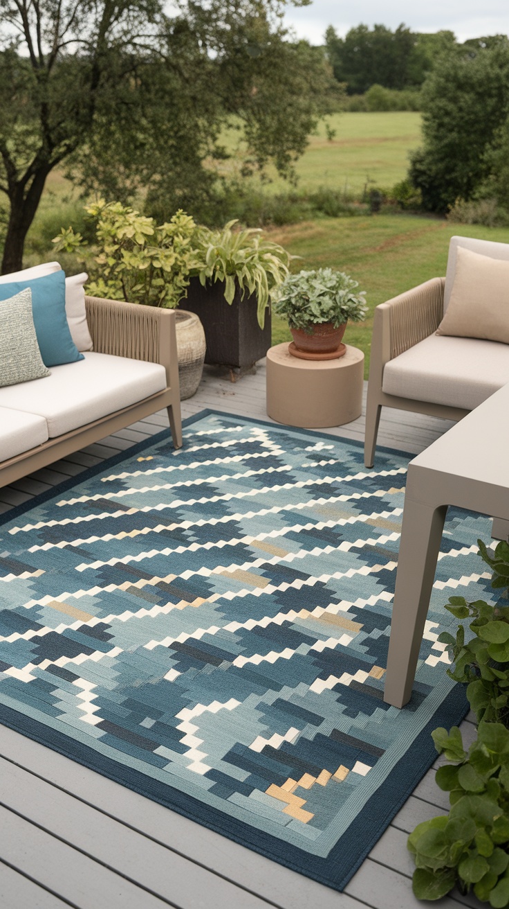 A cozy outdoor deck area featuring a stylish geometric rug, plants, and comfortable seating.