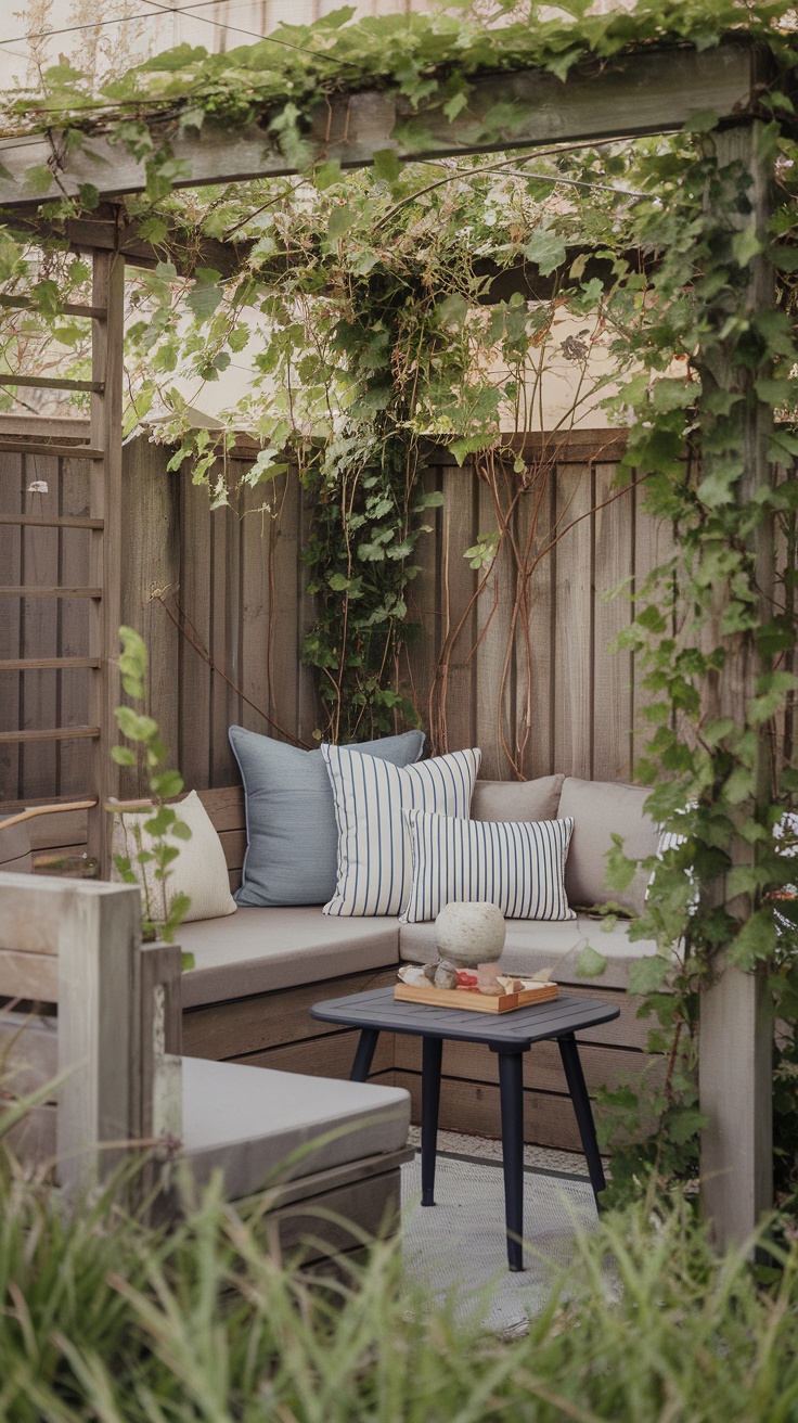 Cozy outdoor seating nook with cushions and a small table surrounded by greenery