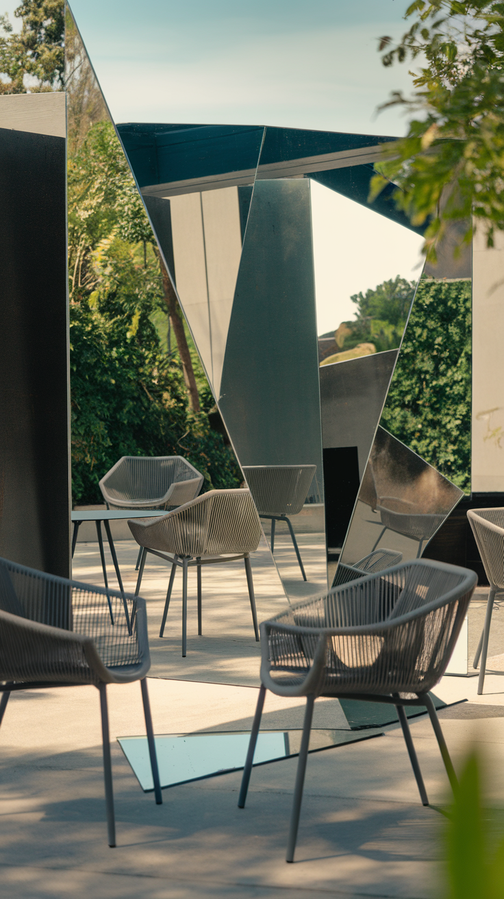 Outdoor seating area with modern chairs and reflective decor