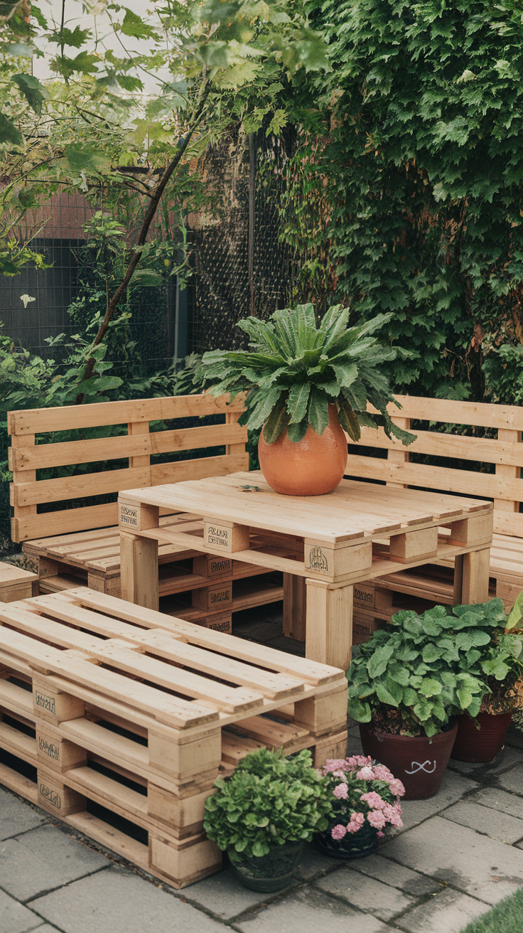 Wooden pallet garden furniture set with plants