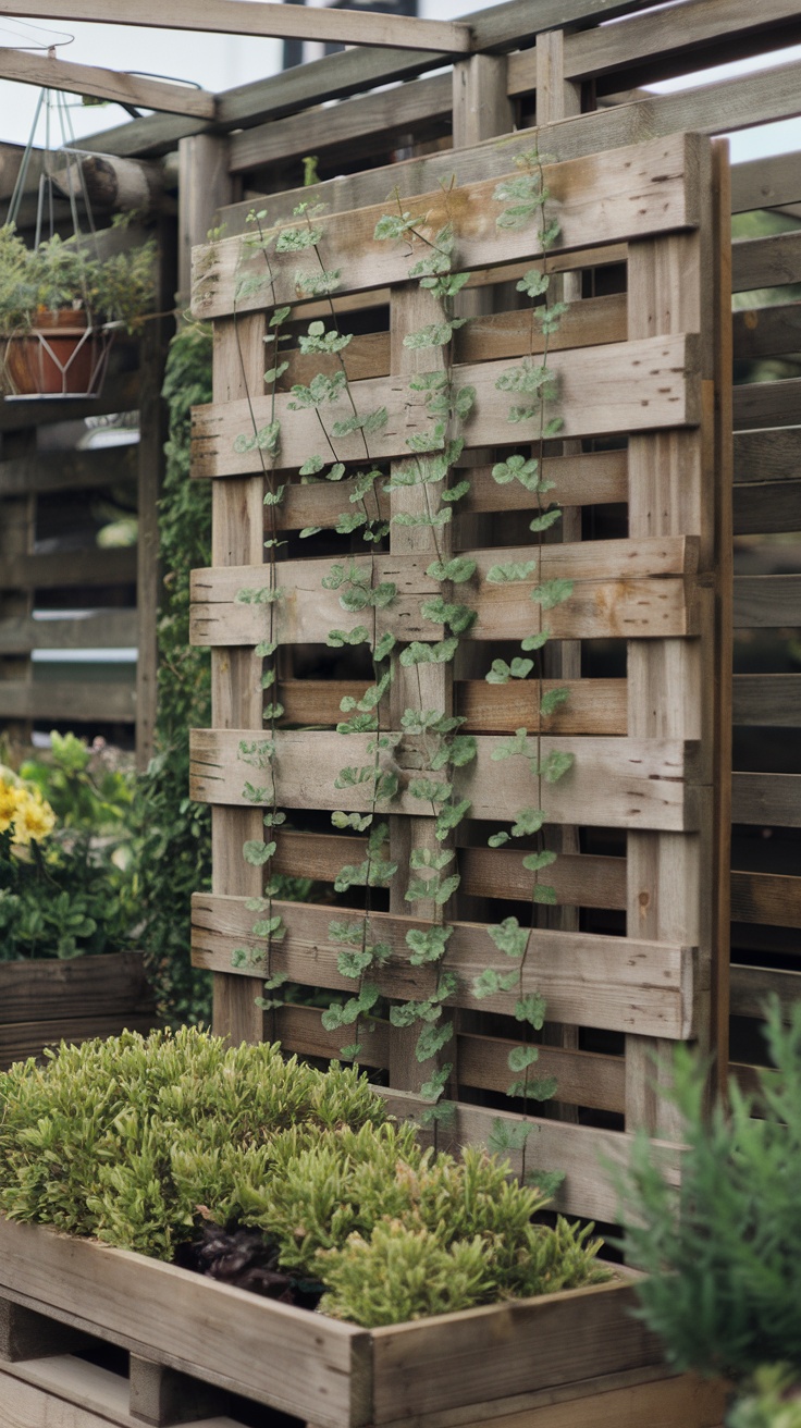 Wooden pallet trellis with climbing vines in a small garden space