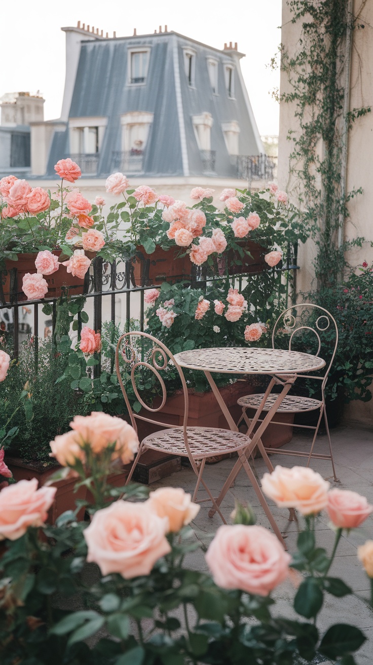 A Parisian terrace with pink roses and a small wrought iron table and chairs.