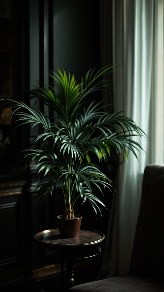 A Parlor Palm in a dark room, showcasing its green fronds and adding charm to the space.