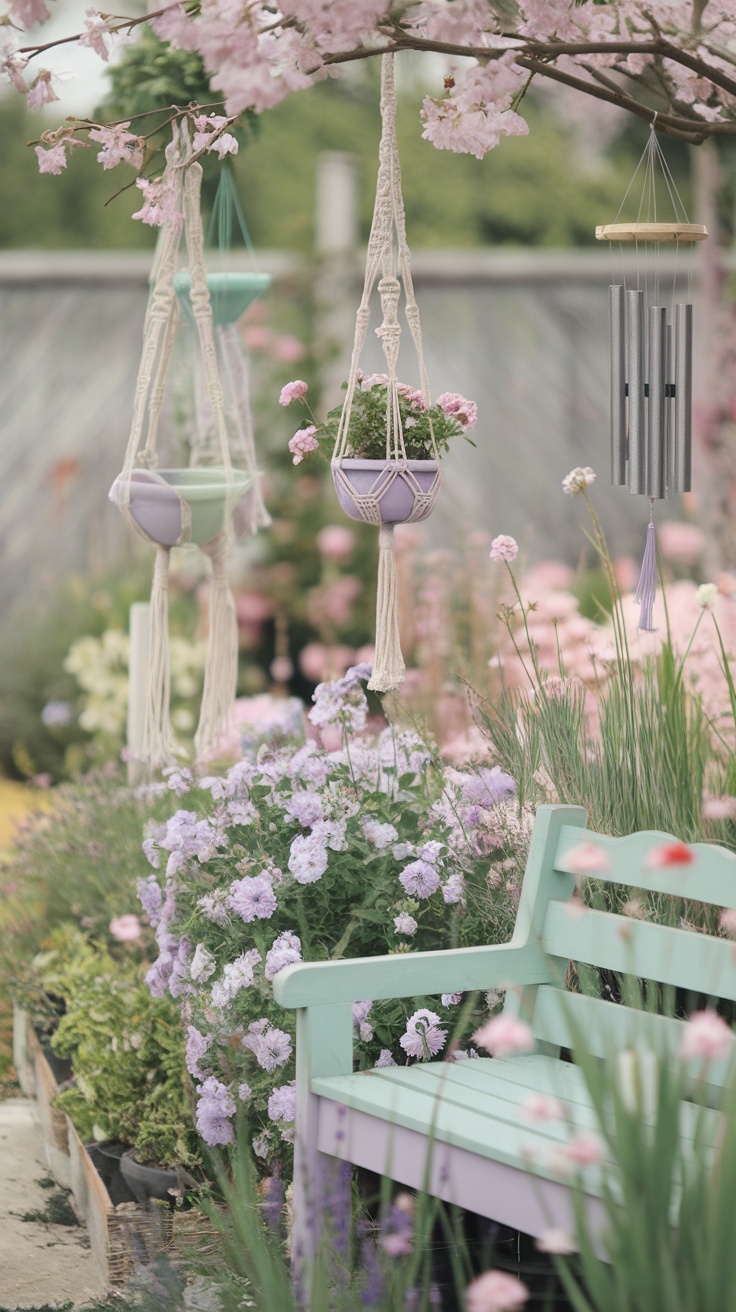 A serene garden featuring pastel hanging planters, flowers, and a mint green bench.