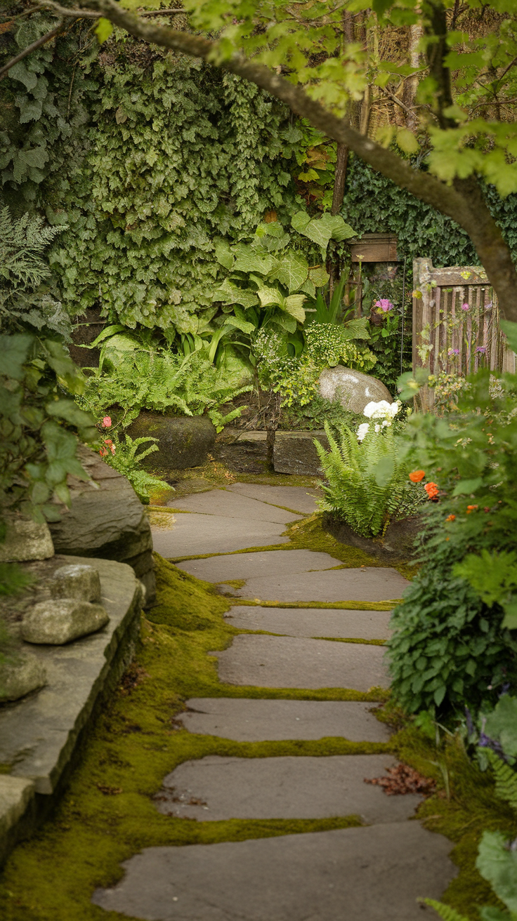 A serene pathway made of stones winding through lush green foliage in a garden.