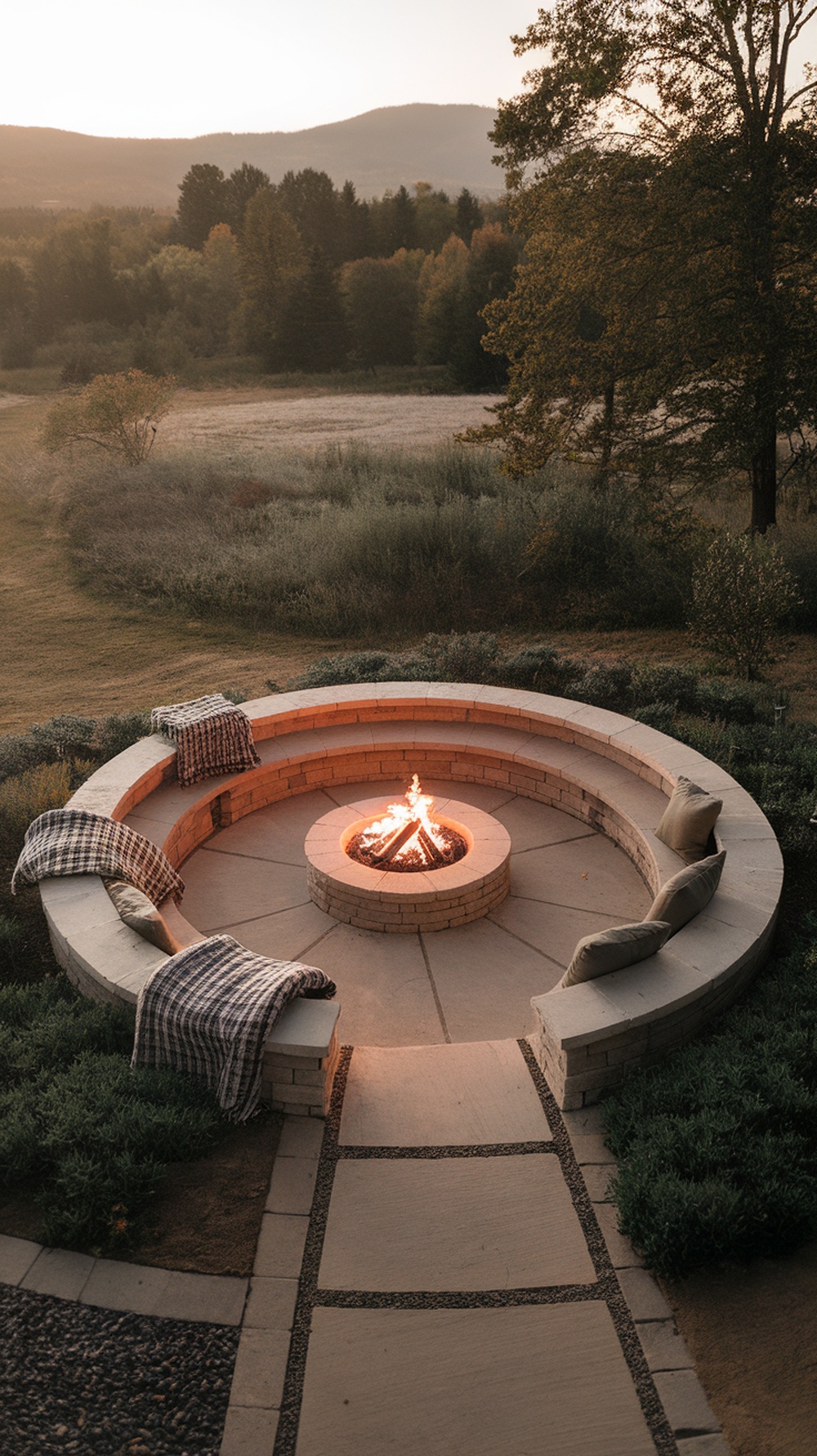 A cozy patio featuring a built-in firepit surrounded by stone seating and a peaceful landscape.