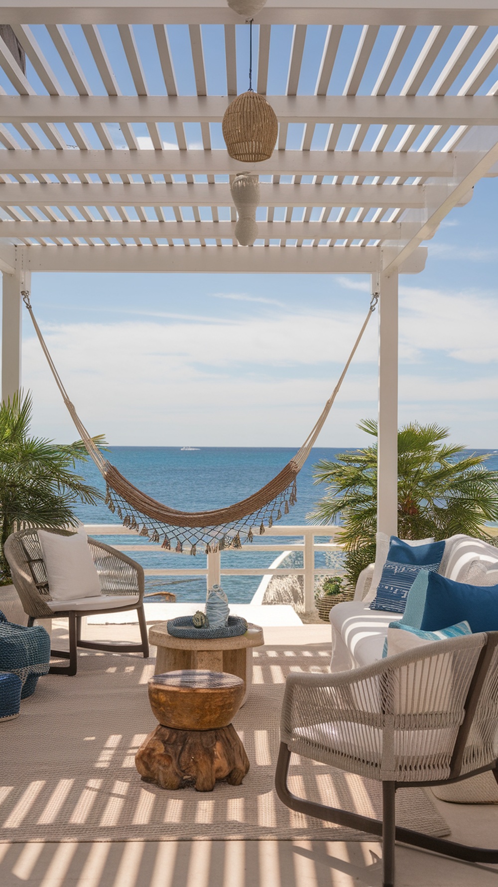 A cozy patio with a white pergola, hammock, and ocean view.