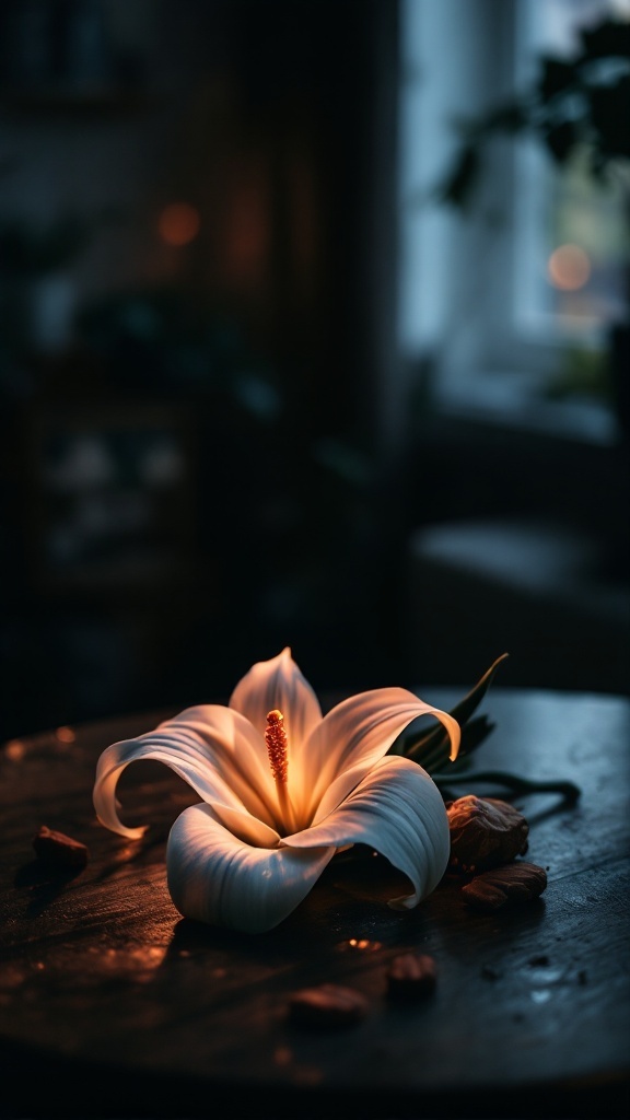 A close-up of a Peace Lily flower glowing softly in a dimly lit room.