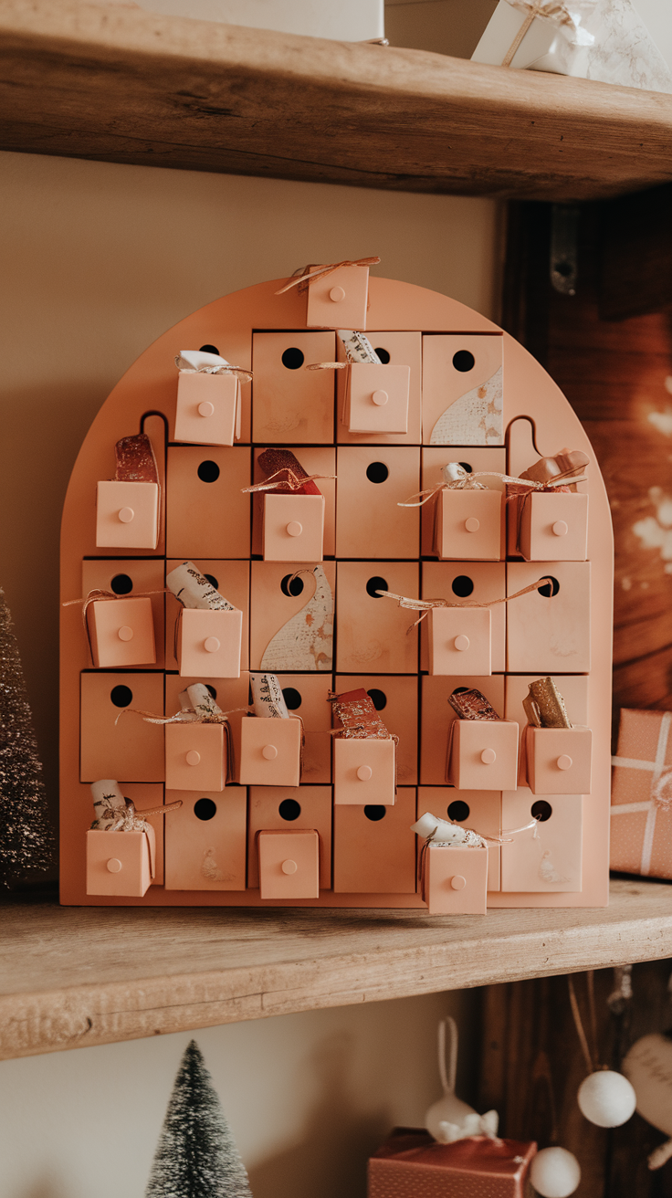 Peach fuzz advent calendar with small boxes on a wooden shelf