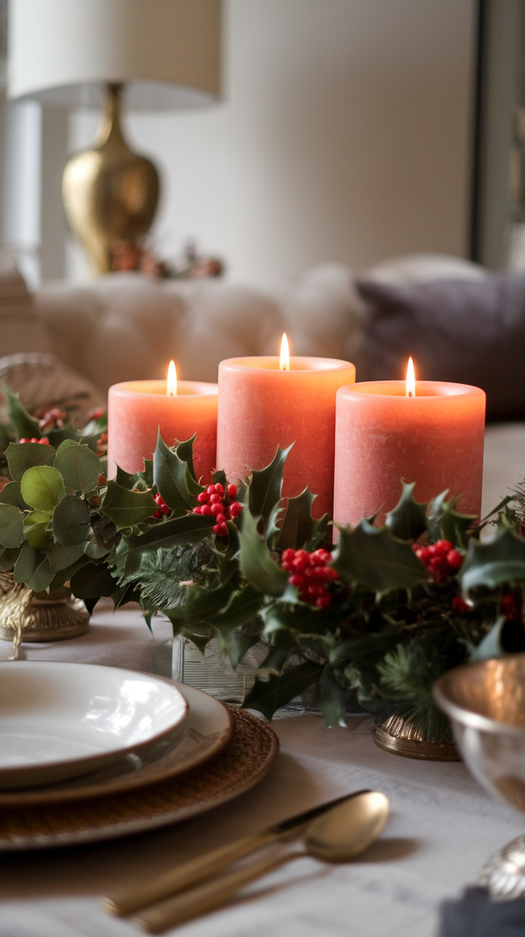 A cozy table setting with peach fuzz candles surrounded by greenery and berries.