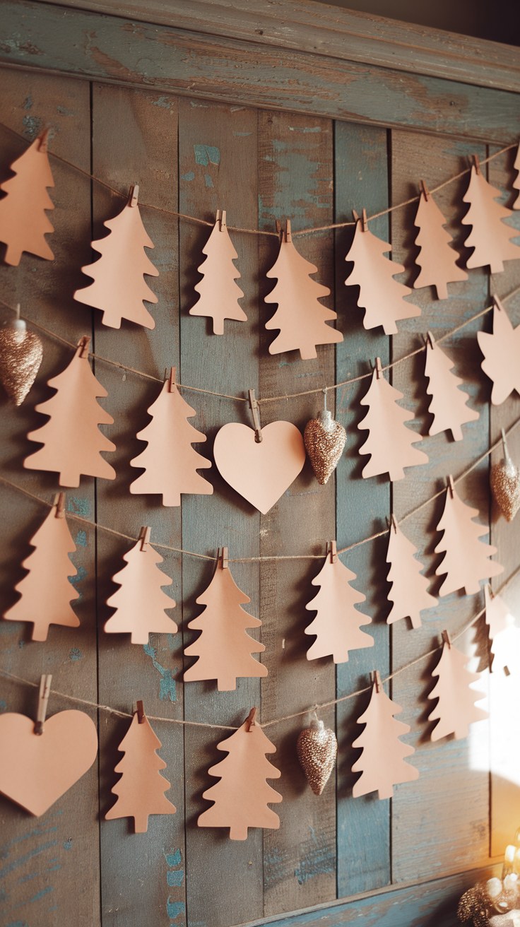 A string of peach-colored paper Christmas trees and hearts hanging on a wooden wall.